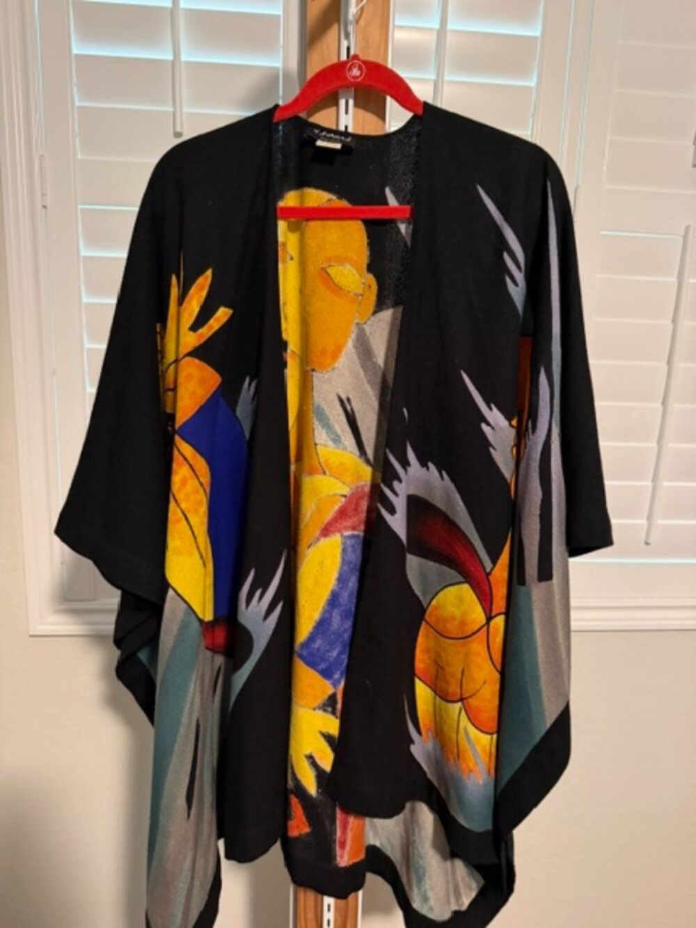 Vintage Dilemma Dhun Shroff 100% Silk Art to Wear Cubist Picasso Kimono Poncho